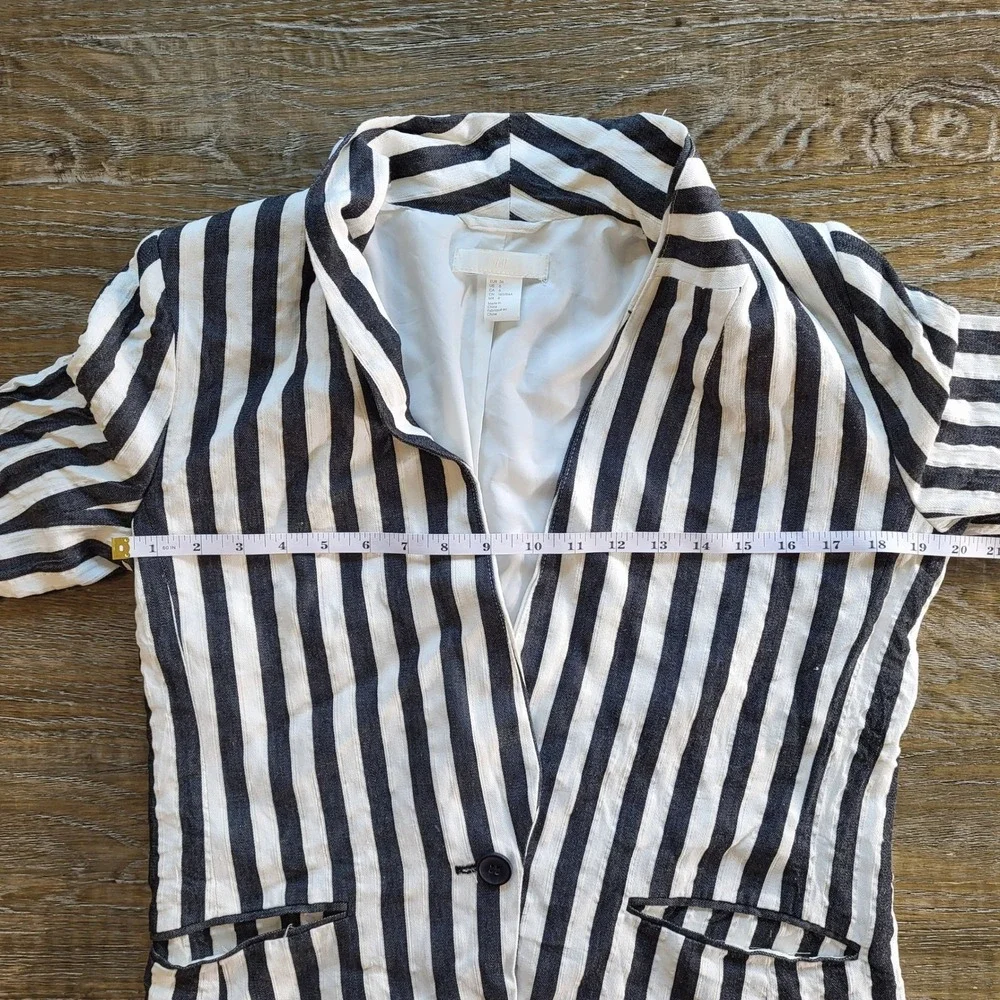 HM Womens Black White Striped Linen Blend Blazer Jacket Size 6 Single Button
